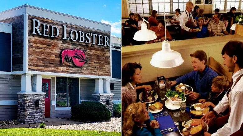 Split image: Modern exterior of Red Lobster, 1980s-interior with customers in a full dining room
