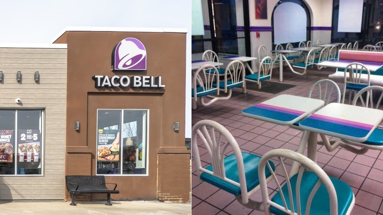 Split image: Modern Taco Bell Exterior, brightly-colored 1990s-era dining room