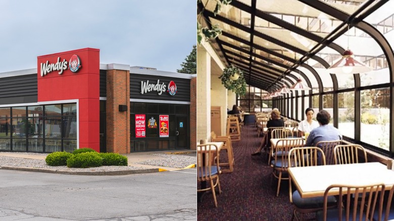 Split image: Wendy's modern exterior, Wendy's sunroom with customers from 1980s