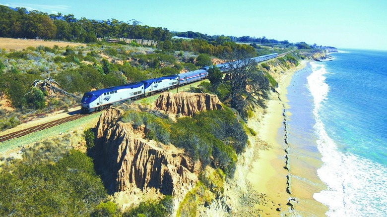 Amtrak train on California coastline