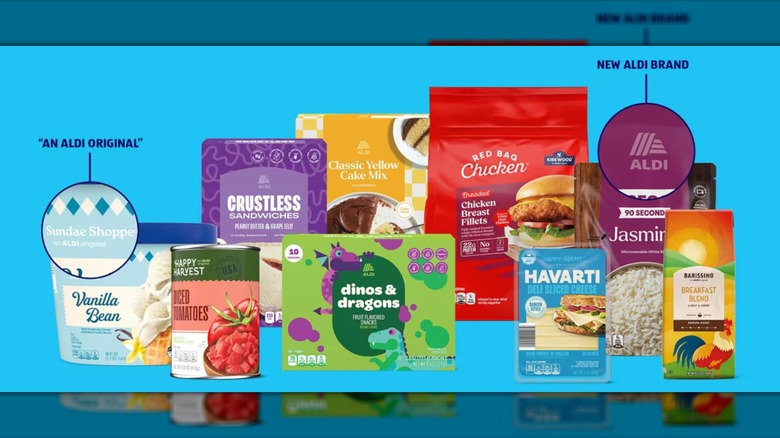 Colorful bags of new Aldi products such as crustless sandwiches, classic yellow cake mix, and more.