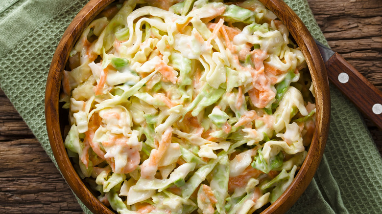 Coleslaw in a bowl on a table