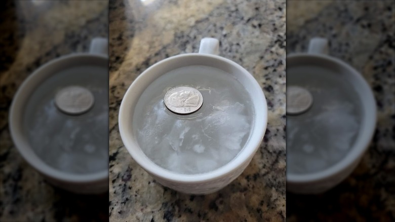 A quarter at the top of a frozen mug of water