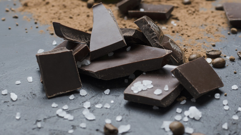 Chunks of chocolate with salt next to with cocoa powder and coffee beans
