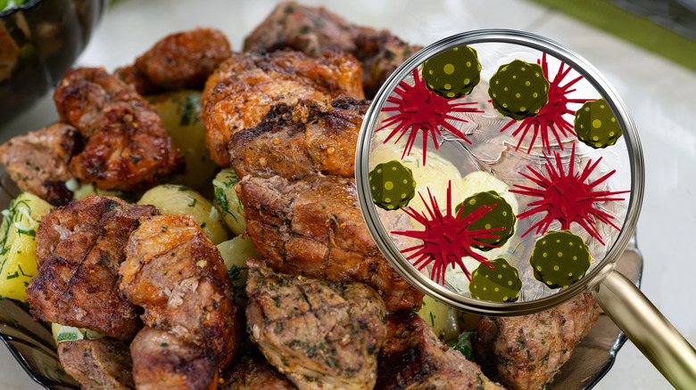 Magnifying glass showing bacteria on food that's gone 'off'