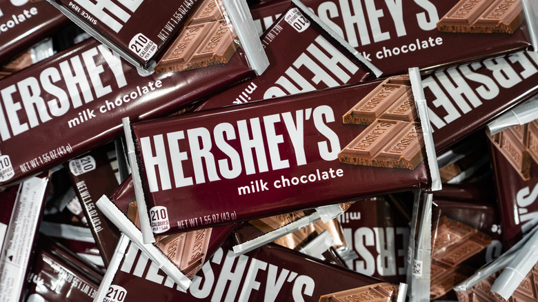 Pile of Hershey's chocolate bars in their wrappers