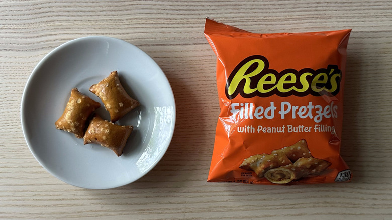 Reese's Filled Pretzels with Peanut Butter Filling on wooden table