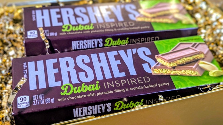 Close-up of two Hershey's Dubai-Inspired Chocolate Bars still in packaging