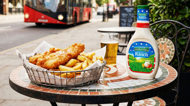 Hidden Valley Ranch dressing on a table in England beside a basket of fish and chips and a pint of beer
