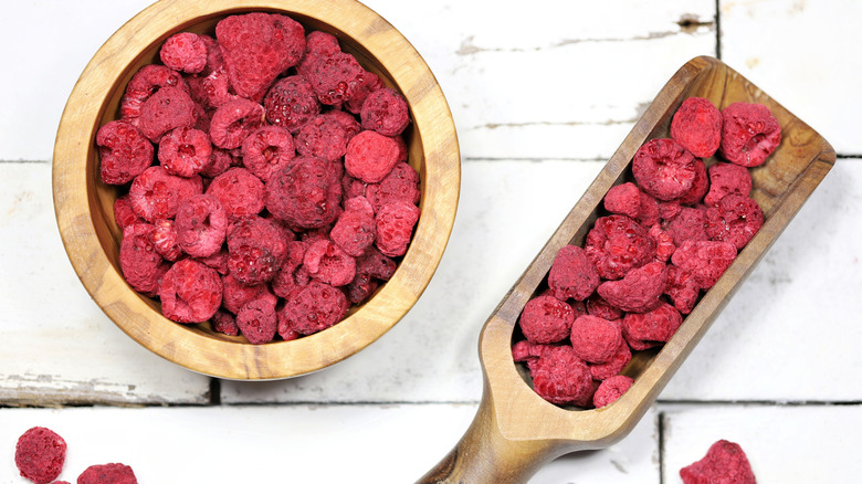 Freeze-dried raspberries in wood containers