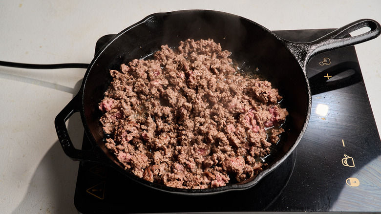 beef crumbled in a skillet