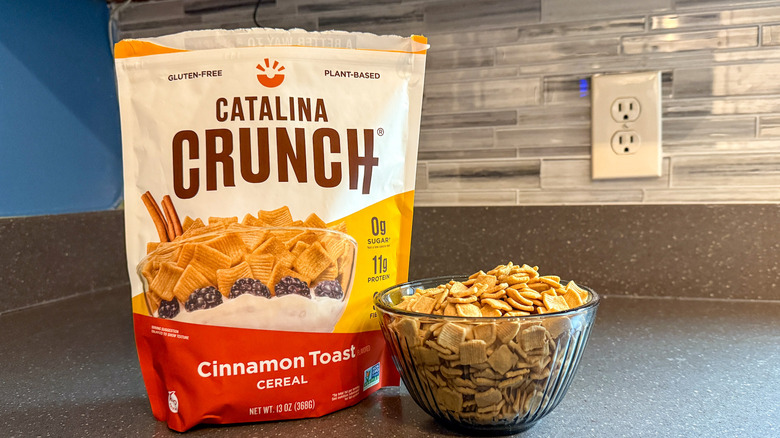 A bag and bowl of Catalina Crunch cinnamon toast cereal are shown.