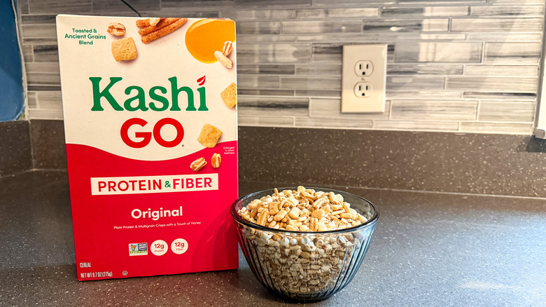 A box and bowl of Kashi GO protein cereal are shown.