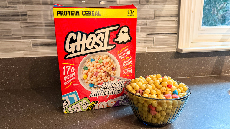 A box and bowl of Ghost Protein Cereal with Marshmallows are shown.