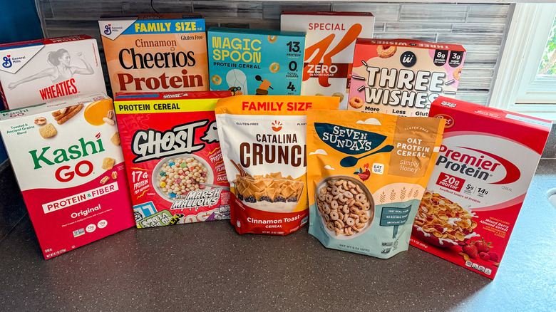 A variety of high-protein cereals are shown.