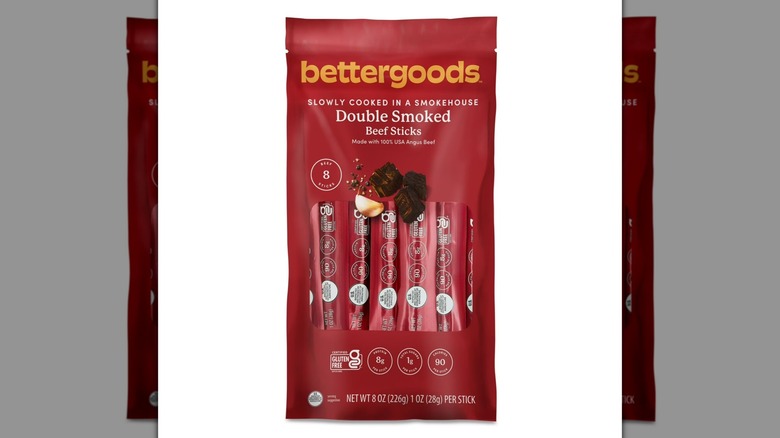 Red bag of Bettergoods Double Smoked Beef Sticks from Walmart