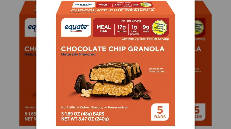 Orange box of Equate Meal Bars in Chocolate Chip Granola from Walmart