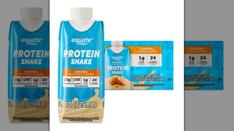 Blue bottle and box of Equate Protein Nutrition Shake in caramel flavor