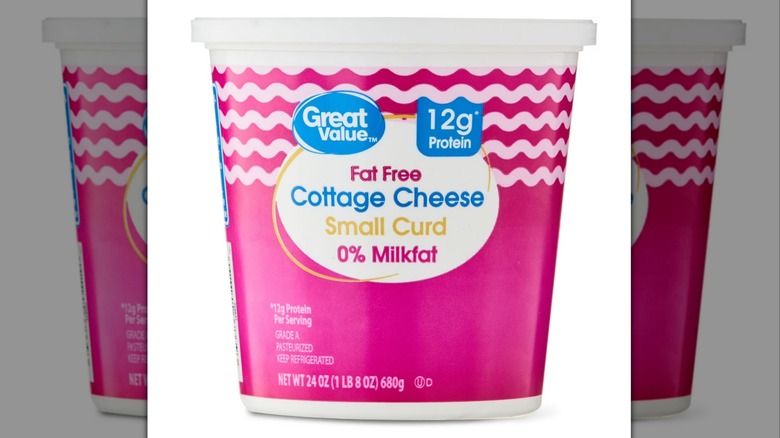 Pink tub of Great Value Fat-Free Cottage Cheese