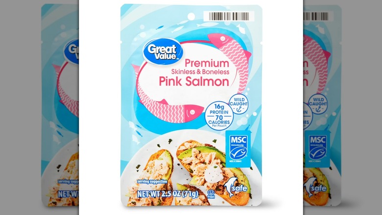 Blue pouch of Great Value Premium Skinless & Boneless Pink Salmon