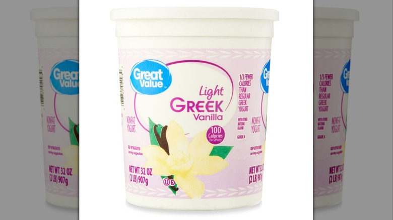 White tub of Great Value Vanilla Light Nonfat Greek Yogurt