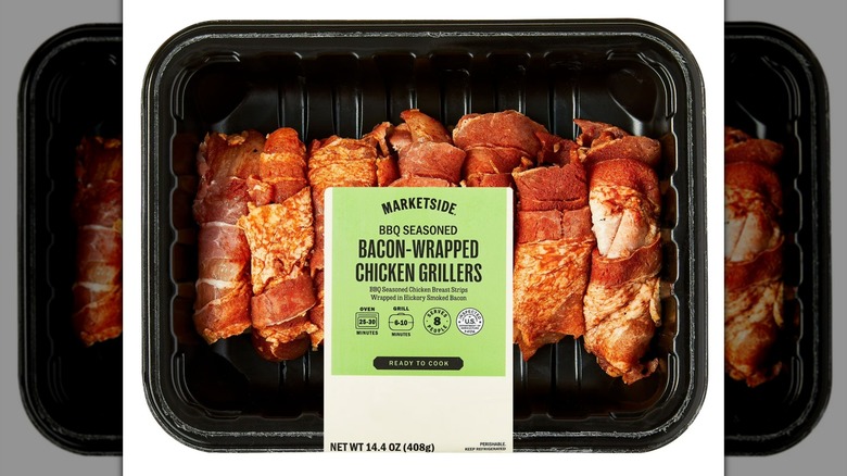 Black plastic tray of Marketside Bacon-Wrapped BBQ Seasoned Chicken Grillers