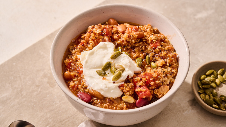 turkey chili in a bowl on table