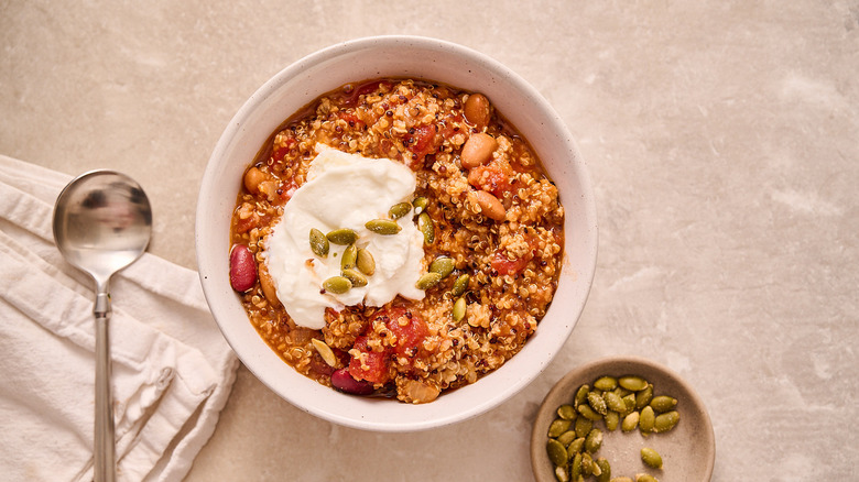 chili topped with greek yogurt