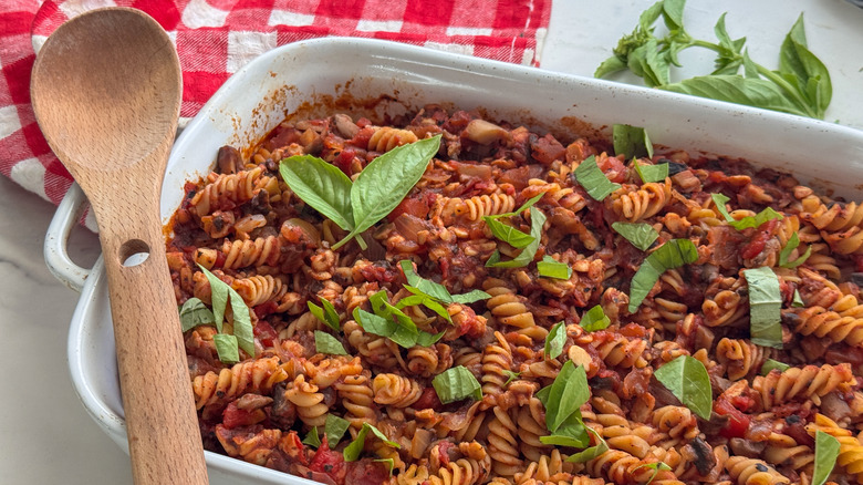 baking dish with pasta bake