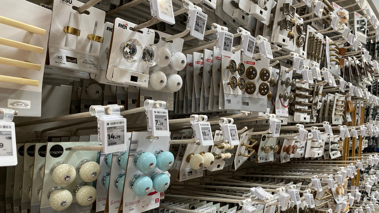 A store display of cabinetry hardware.