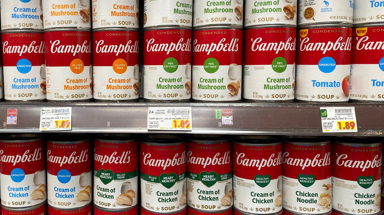 different cream soups in canns on grocery shelves
