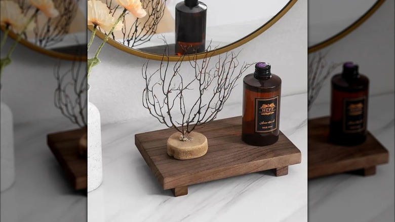 Plant and soap bottle on wooden riser