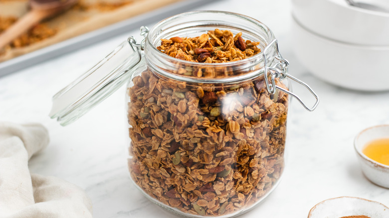 homemade crunchy granola in jar 