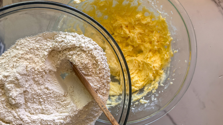 adding flour to wet ingredients