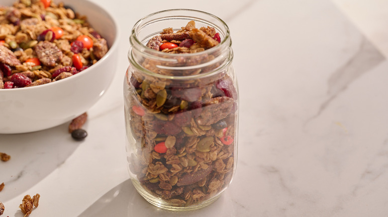 trail mix in a glass jar