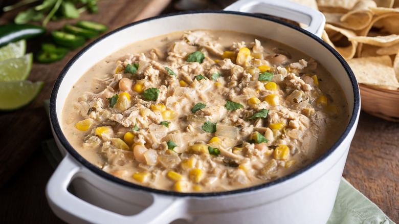 Chicken chili with corn and beans in a dish