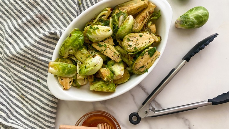 Brussels sprouts in oval dish