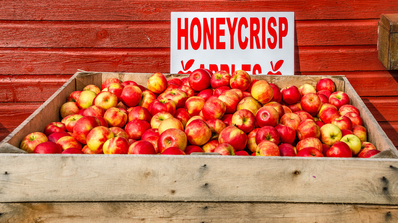 wooden box filled with Honeycrisp apples and large sign.