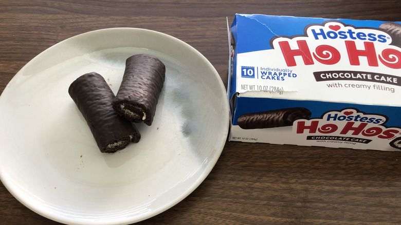 Hostess Ho Hos overlapping on a plate.