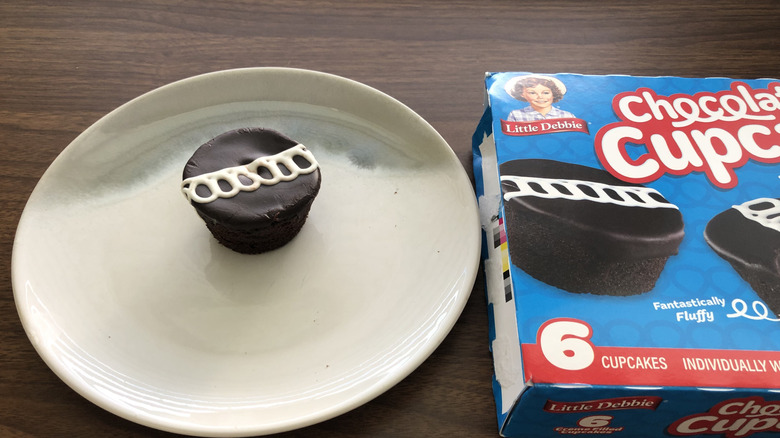 Little Debbie Chocolate Cupcake on a plate.