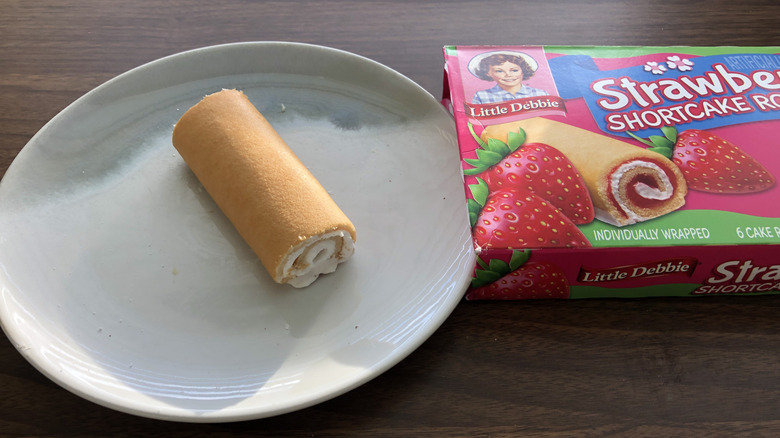 Little Debbie Strawberry Shortcake Roll on a plate.