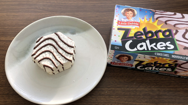 Little Debbie Zebra Cake on a plate.