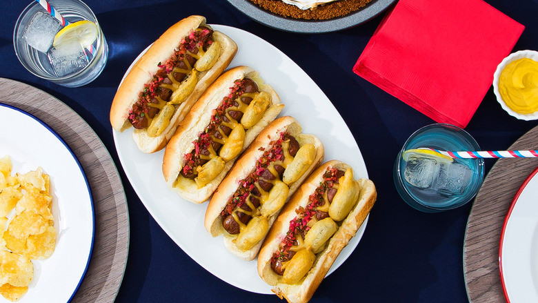 Cheesy Hot Dogs with Pickle-Pepper Relish Recipe