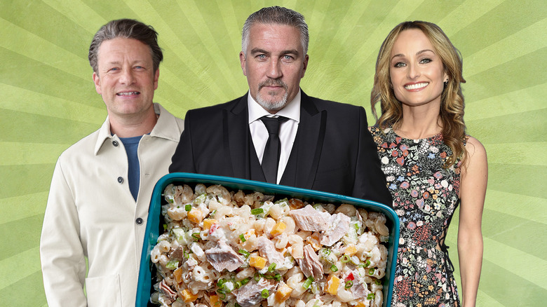 A composite image of Jamie Oliver, Paul Hollywood, and Giada de Laurentiis superimposed on green background, with dish of tuna salad in front