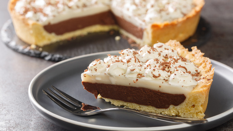Slice of chocolate and custard pie on plate blurred pie in background