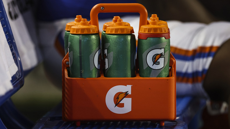 Gatorade bottles on football field of Florida Gators