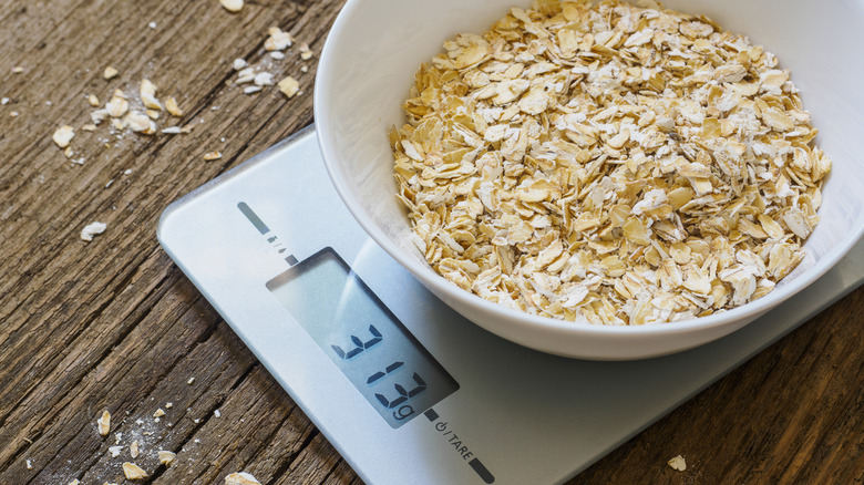 kitchen scale weighing oats