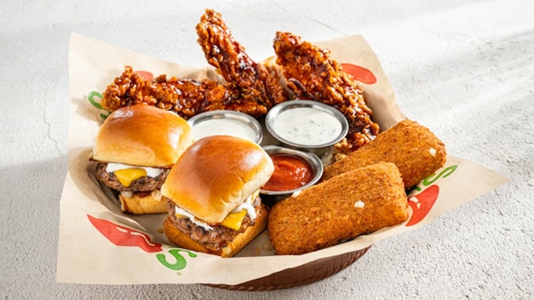Chili's Triple Dipper appetizer with sliders, chicken tenders, and mozzarella sticks