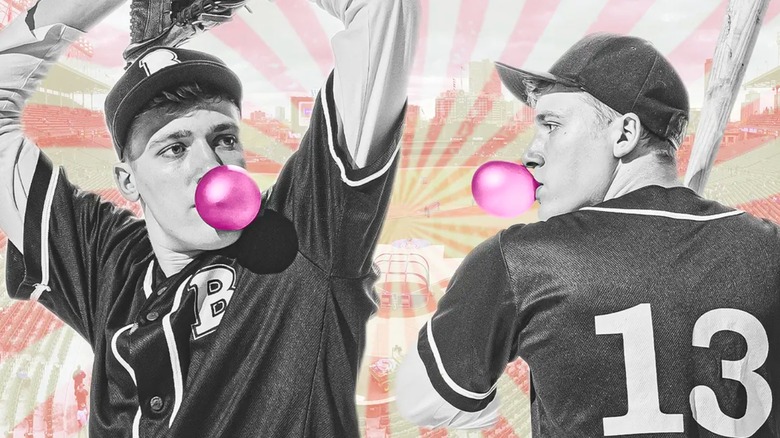 baseball players blowing bubble gum