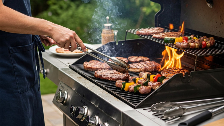 person cooking burgers on outdoor grill